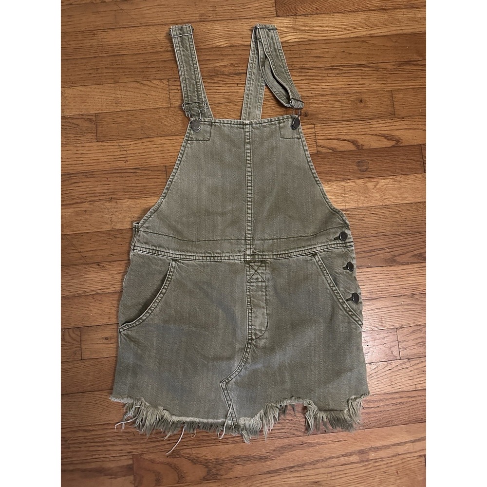Free People Torn Up Dress Green Denim Overall Hem Cufoff Pockets Size 2